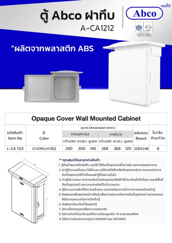 ตู้กันน้ำ ฝาทึบ มีหลังคา 12 x 12 A-CA1212 ABCO - Image 2