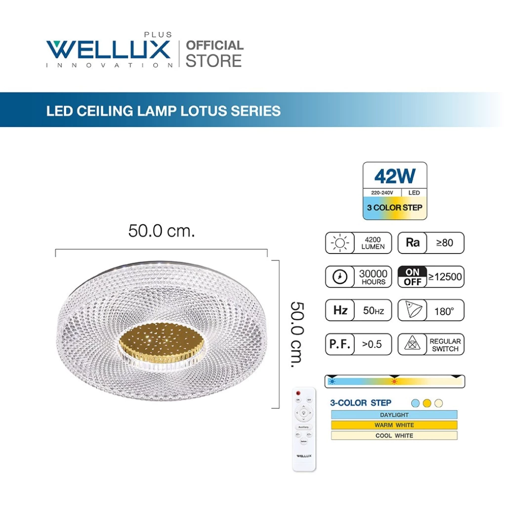 โคมซาลาเปา LED 42w 3 สเต็ป + รีโมท รุ่น Lotus WELLUX - Image 4