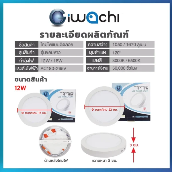 LED Panel 12w D/L W/W ลอย กลม 6 นิ้ว ขอบขาว Kitchen IWACHI - Image 3