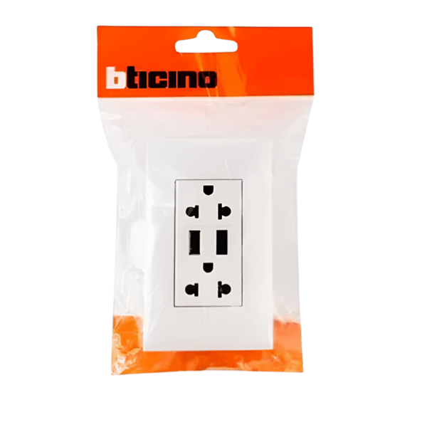 เต้ารับ คู่ 3 สาย ขาแบน + ขากลม + สายดิน+ USB Charger Type A 2 ช่อง AM4185AA MATIX BTICINO - Image 2