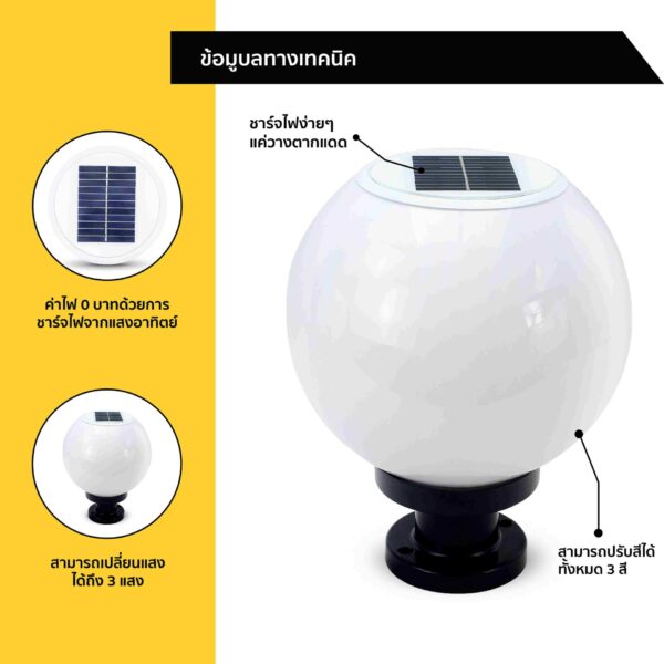 โคมไฟหัวเสา LED โซล่าเซลล์ 9w 3 steps รุ่น FINGER - Image 2