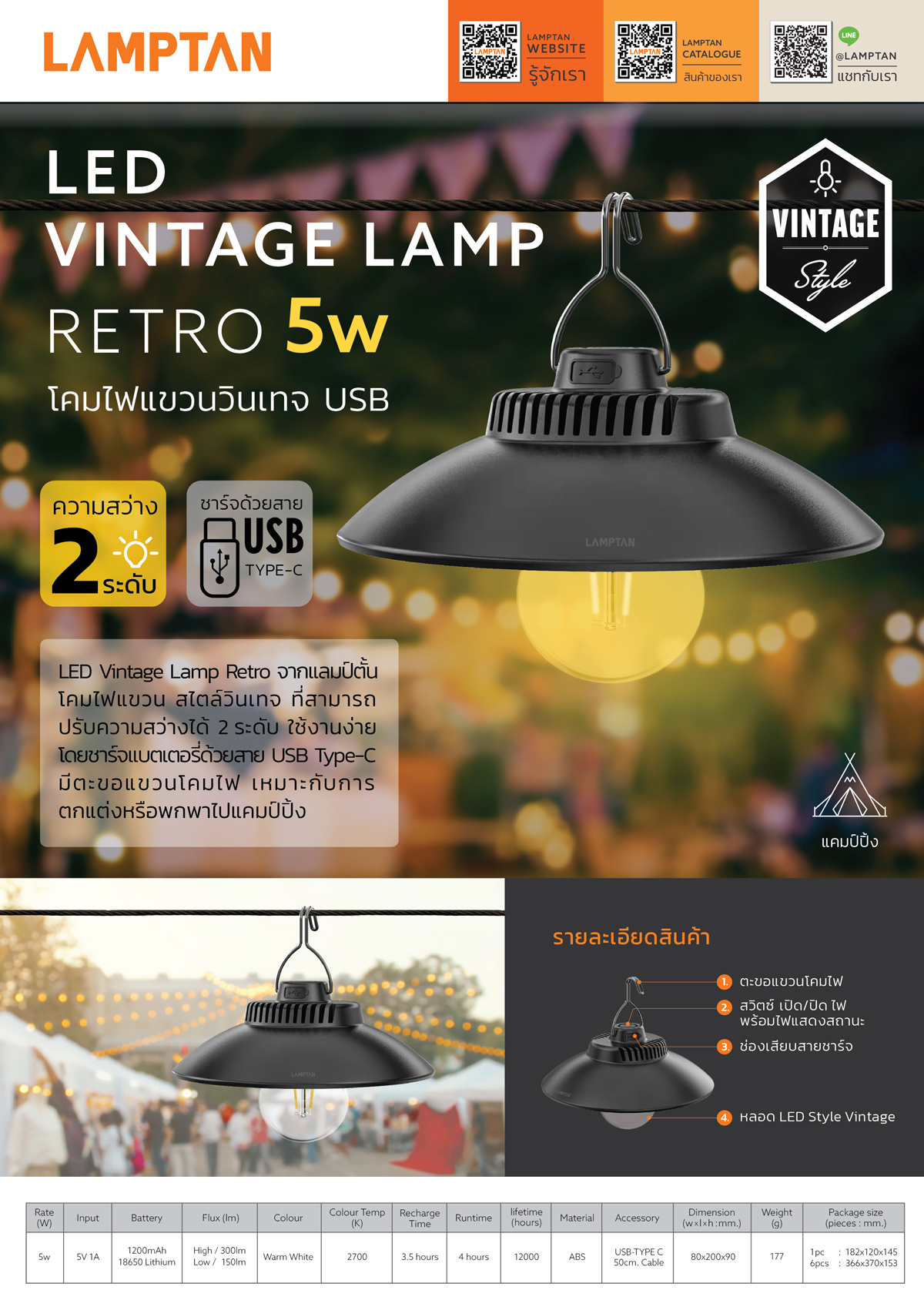 โคมไฟแขวน แบตในตัว w/w รุ่น Vintage LAMPTAN - Image 7
