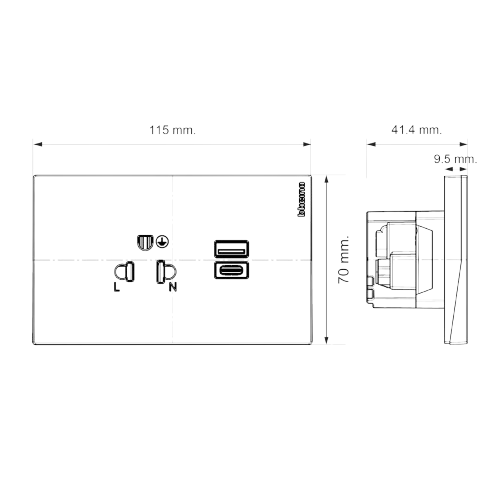 NEXY T ปลั๊กกาวด์ เดี่ยว + USB A+C พร้อมฝาครอบ SQT4126AC เทาไททาเนี่ยม BTICINO - Image 2